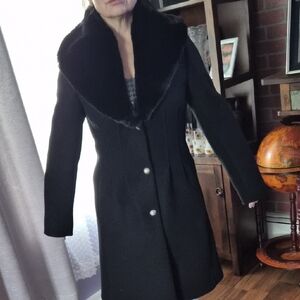NWT Kensie Black Pea Coat with REMOVABLE Faux Fur Collar PTP 21" LENTH 38"